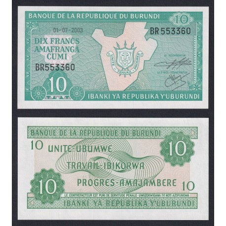 BURUNDI 10 FRANCOS 2003 FILIGRANA y ESCUDO Pick 27D BILLETE SC Africa UNC BANKNOTE 10 Francs Amafranga