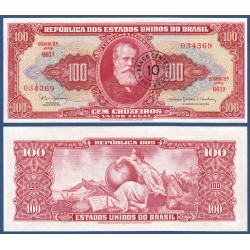 BRASIL 10 CENTAVOS 1966 sobre 100 CRUZEIROS DON PEDRO II Color Rojo Pick 185B BILLETE SC Brazil UNC BANKNOTE