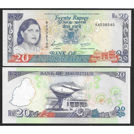 @RARO@ MAURITIUS 20 RUPIAS 1986 SATELITES SECRETOS y Sarojini Jugnauth Pick 36 BILLETE SC Islas Mauricio UNC BANKNOTE