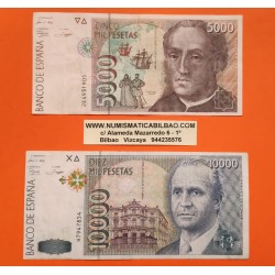 2 billetes x ESPAÑA 5000 PESETAS 1992 CRISTOBAL COLON + 10000 PESETAS 1992 JUAN CARLOS I Pick 166 MUY CIRCULADOS Spain P1