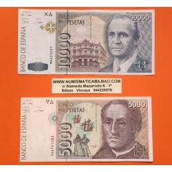 2 billetes x ESPAÑA 5000 PESETAS 1992 CRISTOBAL COLON + 10000 PESETAS 1992 JUAN CARLOS I Pick 166 MBC-- Spain banknote P/2