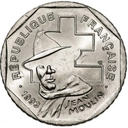 FRANCIA 2 FRANCOS 1993 JEAN MOULIN y CRUZ DE LORENA KM.1062 MONEDA DE NICKEL SC-