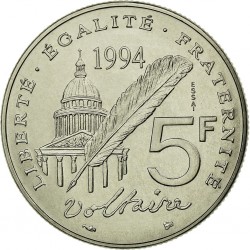 FRANCIA 5 FRANCOS 1994 VOLTAIRE, PANTHENON y PLUMA KM.1063 MONEDA DE NICKEL SC- France 5 Francs