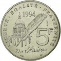 FRANCIA 5 FRANCOS 1994 VOLTAIRE, PANTHENON y PLUMA KM.1063 MONEDA DE NICKEL SC- France 5 Francs