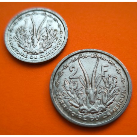 . 2 monedas x CAMERUN 1 FRANCO 1948 + 2 FRANCOS 1948 ANTILOPE y DAMA KM.8+9 ALUMINIO SC- Cameroon Territoire du Cameroun
