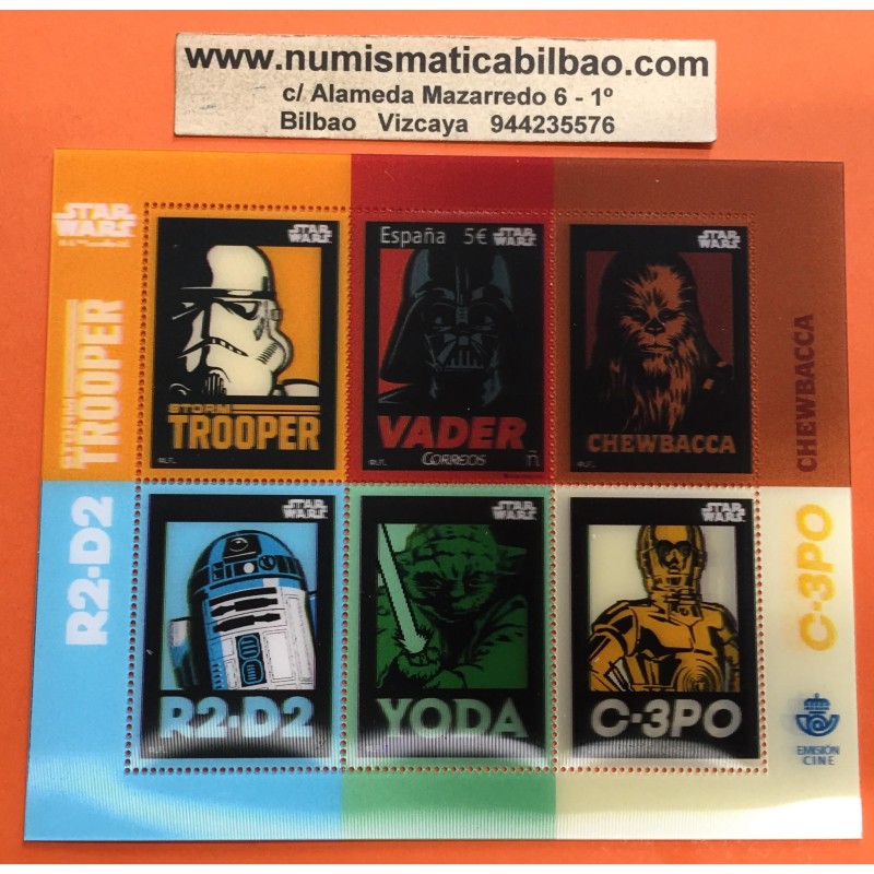 . 1 SELLO @HOLOGRAMA@ Año 2018 España STAR WARS : DARTH WADER + CHEWBACCA + C-3PO + YODA + R2-D2 + STORM TROOPER