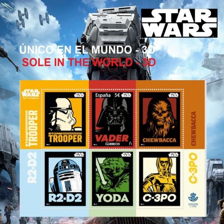 . 1 SELLO @HOLOGRAMA@ Año 2017 España STAR WARS : DARTH WADER + CHEWBACCA + C-3PO + YODA + R2-D2 + STORM TROOPER