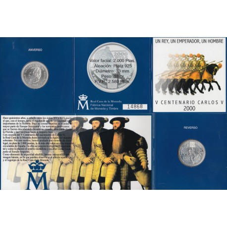 ESPAÑA CARTERA FNMT 2000 PESETAS 2000 EMPERADOR CARLOS V MONEDA DE PLATA SC ESTUCHE OFICIAL FNMT