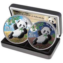 . 2 monedas @TIRADA 500 uds@ CHINA 10 YUAN 2020 OSO PANDA Edición NIGHT & DAY ESTUCHE CERTIFICADO PLATA Oz ONZA