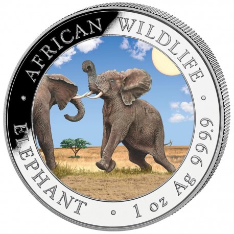 . 1 aacoin @1 ONZA 2024 + COLORES@ SOMALIA 100 SHILLINGS 2024 ELEFANTE AFRICANO MONEDA DE PLATA Oz FARBE COLOURED