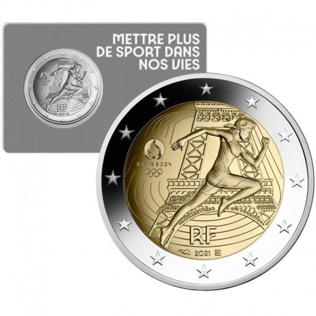 FRANCIA 2 EUROS 2021 OLIMPIADA DE PARIS 2024 2ª MONEDA CONMEMORATIVA SC Se envía 1 COINCARD al azar