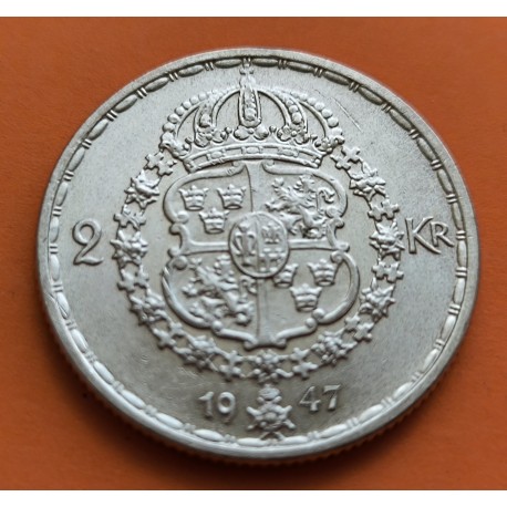 SUECIA 2 KRONOR 1947 REY GUSTAV V y ESCUDO REAL KM.815 MONEDA DE PLATA EBC Sweden silver 2 Coronas