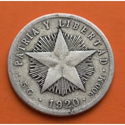 @RARA@ CUBA 20 CENTAVOS 1920 PATRIA y LIBERTAD ESTRELLA KM.13.2 MONEDA DE PLATA MBC- Caribe