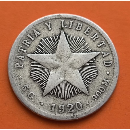 @RARA@ CUBA 20 CENTAVOS 1920 PATRIA y LIBERTAD ESTRELLA KM.13.2 MONEDA DE PLATA MBC- Caribe