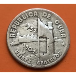 CUBA 20 CENTAVOS 1952 BANDERA 50 AÑOS DE LIBERTAD y PROGRESO KM.25 MONEDA DE PLATA MUY CIRCULADA silver coin R/2