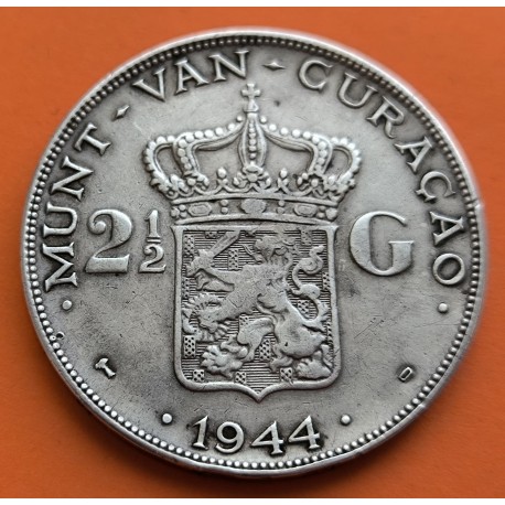 CURACAO 2,50 GULDEN 1944 D REINA GUILLERMINA KM.45 MONEDA DE PLATA MBC Holanda Netherlands 2-1/2 WWII R/3