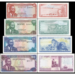 4 Billetes NUEVOS SC x KENIA 5+10+20+100 SHILINGI 1978 LEONES y MZEE JOMO KENYATTA Pick 15+16+17+18 SC KENYA