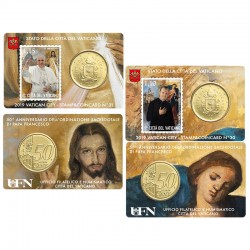 . 2 Coincard x VATICANO 50 CENTIMOS 2019 AÑO SACERDOTAL ESCUDO DEL PAPA FRANCISCO MONEDA DE LATON + SELLO COIN CARD Nº 30 + 31