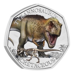 . 1 aacoin @25/ENE Envío@ INGLATERRA 50 PENIQUES 2024 Dinosaurio TYRANNOSAURUS a COLORES King Charles III 1ª MONEDA NICKEL SET