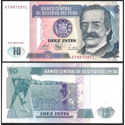 PERU 10 INTIS 1987 RICARDO PALMA y AGRICULTORES Pick 129 BILLETE SC UNC BANKNOTE