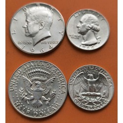 2 monedas x ESTADOS UNIDOS 1/4 DOLAR 1964 P GEORGE WASHINGTON + 1/2 DOLAR 1964 P KENNEDY PLATA EBC/SC- USA Half Quarter
