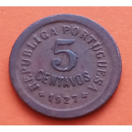 @ESCASA@ PORTUGAL 5 CENTAVOS 1927 VALOR KM.569 MONEDA DE BRONCE MBC República Portuguesa R/2