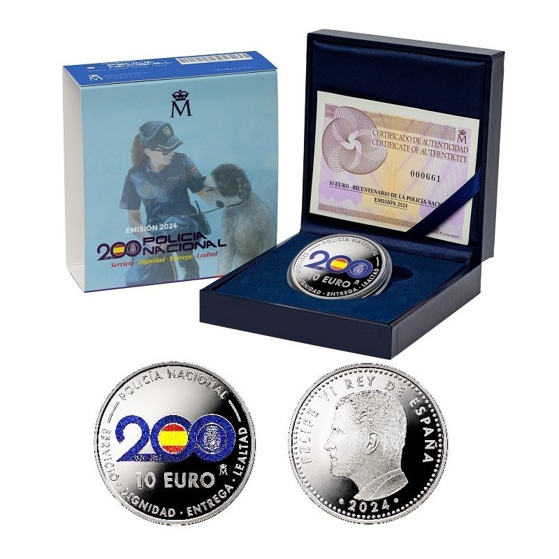 . 1 aacoin @7/FEB Envío@ ESPAÑA 10 EUROS 2024 BICENTENARIO DE LA POLICIA NACIONAL MONEDA DE PLATA ESTUCHE FNMT