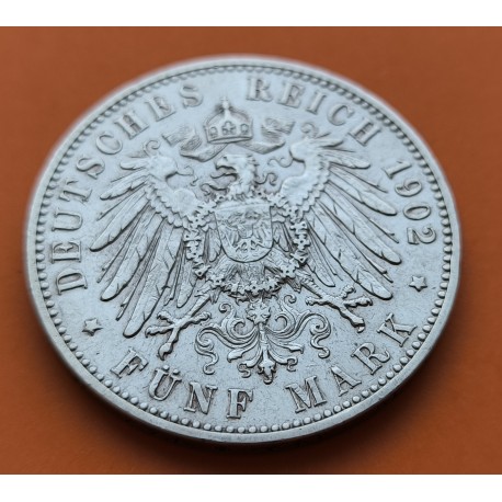 . REINO DE WUERTTEMBERG Alemania 5 MARCOS 1902 F WILHELM II KM.632 MONEDA DE PLATA MBC- Germany Deutsches Reich FUNF MARK