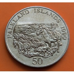 FALKLAND 50 PENIQUES 1990 VAQUERO, OVEJAS e ISABEL II KM.26 MONEDA DE NICKEL SC- @PÁTINA@ 50 Pence ISLAS MALVINAS Islands