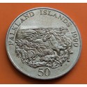 FALKLAND 50 PENIQUES 1990 VAQUERO, OVEJAS e ISABEL II KM.26 MONEDA DE NICKEL SC- @PÁTINA@ 50 Pence ISLAS MALVINAS Islands