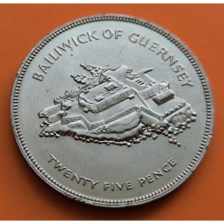 GUERNSEY 25 PENIQUES 1977 JUBILEO DE ISABEL II KM.31 MONEDA DE NICKEL SC Imperfecciones UK Colony 25 Pence Silver Jubilee