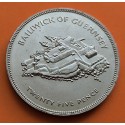 GUERNSEY 25 PENIQUES 1977 JUBILEO DE ISABEL II KM.31 MONEDA DE NICKEL SC Imperfecciones UK Colony 25 Pence Silver Jubilee