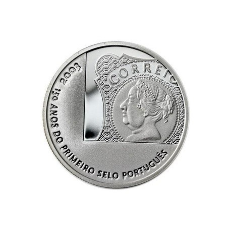 PORTUGAL 5 EUROS 2003 PRIMER SELLO PORTUGUES 150 ANIVERSARIO MONEDA DE PLATA SC