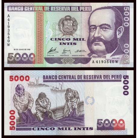 PERU 5000 INTIS 1988 MIGUEL GRAU y PESCADORES CON REDES Pick 137 BILLETE SC