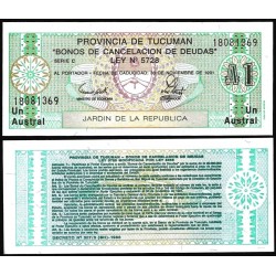 @BONO DE CANCELACIÓN DE DEUDAS@ ARGENTINA 1 AUSTRAL 1991 Provincia de TUCUMAN Pick S.2711.B BILLETE SC UNC BANKNOTE
