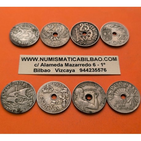 . 4 monedas MUY USADAS x ESPAÑA 25 CENTIMOS 1925 + 1927 + 1934 + 1937 NICKEL ALFONSO XIII REPUBLICA FRANCO