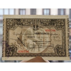 . 1 Billete EBC x BILBAO 25 PESETAS 1937 CAJA DE AHORROS VIZCAINA 030796-97-98 EUSKADI Pick S.561 Guerra Civil España