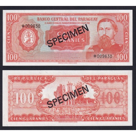 . PARAGUAY 100 GUARANIES 1979 (1952) SPECIMEN 3993 Pick 199 SC