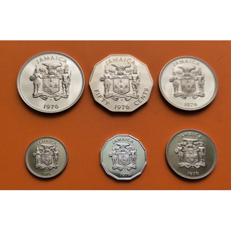 6 monedas x JAMAICA 1+ 5 +10+25+50 CENTAVOS 1976 ANIMALES y PERSONAJES ALUMINIO y NICKEL @PROOF@