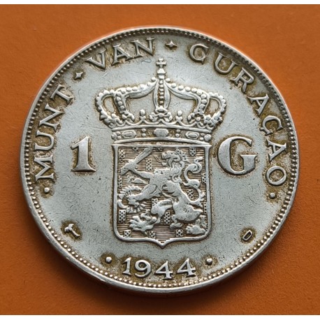 CURACAO 1 GULDEN 1944 REINA WILHELMINA KM.45 MONEDA DE PLATA PLATA MBC- @LIMPIADA@ The Netherlands WWII R/1