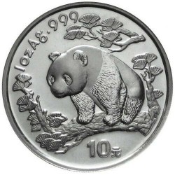 @RARA@ CHINA 10 YUAN 1997 OSO PANDA y PAGODA @FECHA PEQUEÑA@ MONEDA DE PLATA SC 1 OZ ONZA OUNCE Silver coin SMALL DATE cápsula