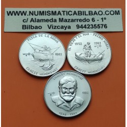 3 monedas x CUBA 1 PESO 1982 Escritor ERNEST HEMINGWAY EL VIEJO y EL MAR KM.88+89+90 NICKEL SC Caribe