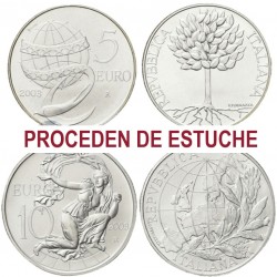 . 2 monedas x ITALIA 5 EUROS 2003 ARBOL DE SEMILLAS KM.252 + 10 EUROS 2003 LA EUROPA DE LOS PUEBLOS KM.258 PLATA SC