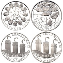 2 monedas PROOF x SAN MARINO 5 EUROS 2002 + 10 EUROS 2002 BIENVENIDA AL EURO PLATA SI CÁPSULAS NO ESTUCHE