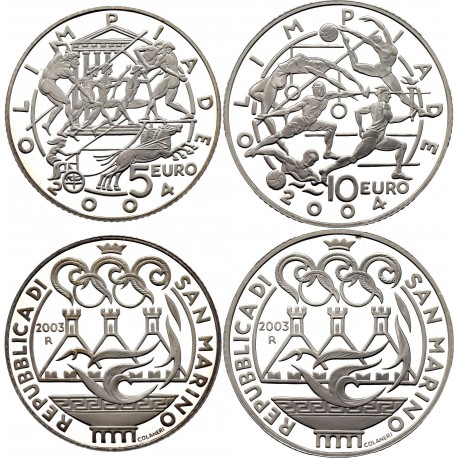 2 monedas PROOF x SAN MARINO 5 EUROS 2003 + 10 EUROS 2003 JUEGOS OLIMPICOS DE ATENAS 2004 PLATA SI CÁPSULAS NO ESTUCHE