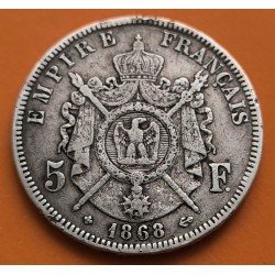 FRANCIA 5 FRANCOS 1868 BB Ceca de ESTRASBURGO EMPERADOR NAPOLEON III RAYITAS KM.799.2 MONEDA DE PLATA MBC- Republique Francaise