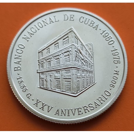 CUBA 5 PESOS 1975 XXV AÑOS DEL BANCO NACIONAL KM.36 MONEDA DE PLATA PROOF Caribe silver coin