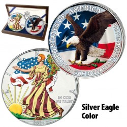 . 2 monedas @COLORES@ ESTADOS UNIDOS 1 DOLAR 2021 EAGLE Tipo 1 + Tipo 2 PLATA Coloured Farbe ESTUCHE
