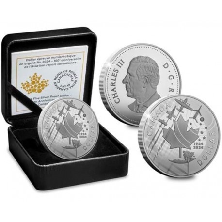 . 1 aaacoin @ENVIO INMEDIATO@ CANADA 1 DOLAR 2024 ROYAL AIR FORCE y CHARLES III MONEDA DE PLATA PROOF ESTUCHE $1 silver