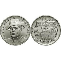 . 2 monedas x ITALIA 5 EUROS + 10 EUROS 2004 MUSICO GIACOMO PUCCINI y OPERA KM.240+241 PLATA SC